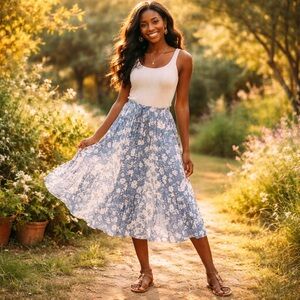 Soft Surroundings Blue White Floral Midi Skirt Boho Cottagecore Tie Size S